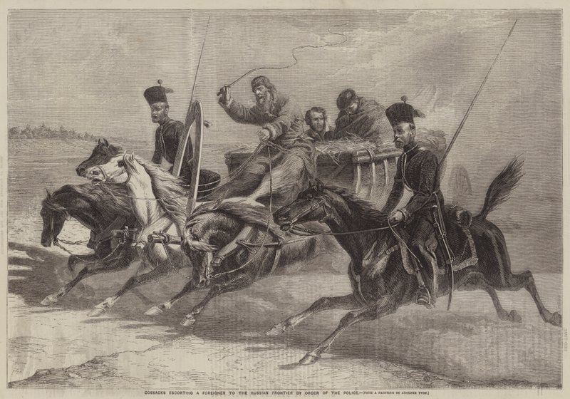Kosaken eskortieren einen Ausländer zur russischen Grenze auf Anordnung der Polizei von Adolphe Yvon