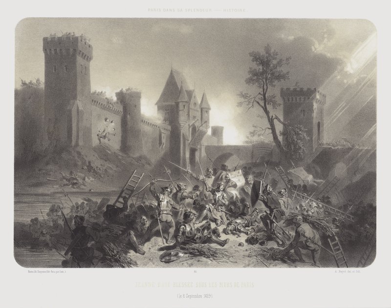 Johanna von Orleans verwundet vor den Mauern von Paris, 8. September 1429 (Lithografie) von Adolphe Jean Baptiste (after) Bayot