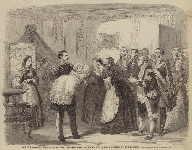 Prinz Friedrich-Wilhelm von Preußen stellt den jungen Prinzen dem Hauspersonal vor von Albert Kretschmer