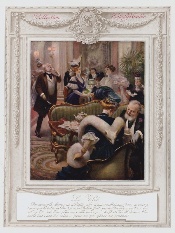 Belle Époque Paris, modische Dame beim Tee (Farblithografie) von Albert Guillaume