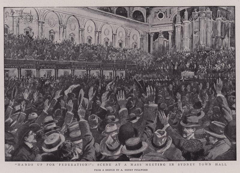 Hände hoch für die Föderation!, Szene bei einer Massenversammlung in der Sydney Town Hall von Albert Henry Fullwood