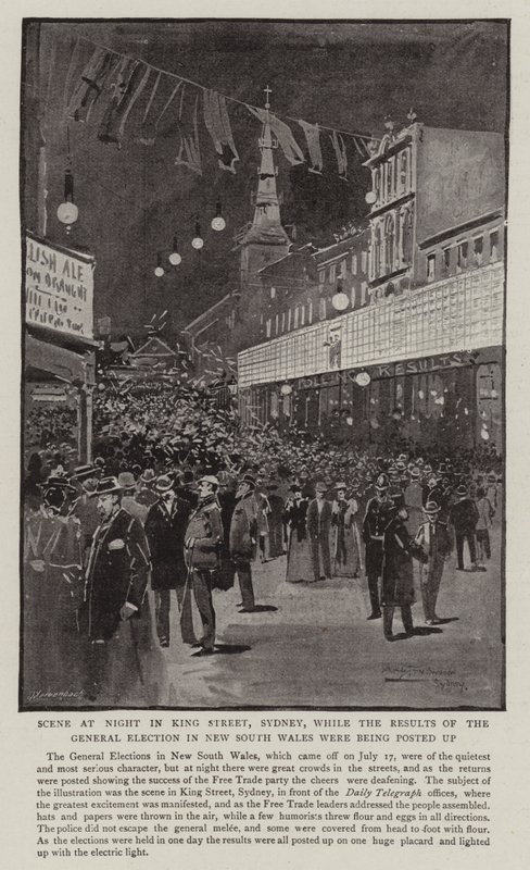 Szene bei Nacht in der King Street, Sydney, während die Ergebnisse der Parlamentswahl in New South Wales bekannt gegeben wurden von Albert Henry Fullwood