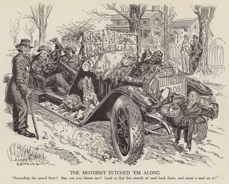 Karikatur, die einen Mann verspottet, der sein Auto über die Geschwindigkeitsbegrenzung hinaus fährt (Lithografie) von Albert Levering