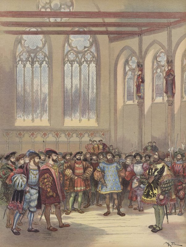 Der Herold Bourgogne, gesandt von Karl V., wird von Franz I. im großen Saal des Parlaments empfangen von Albert Robida