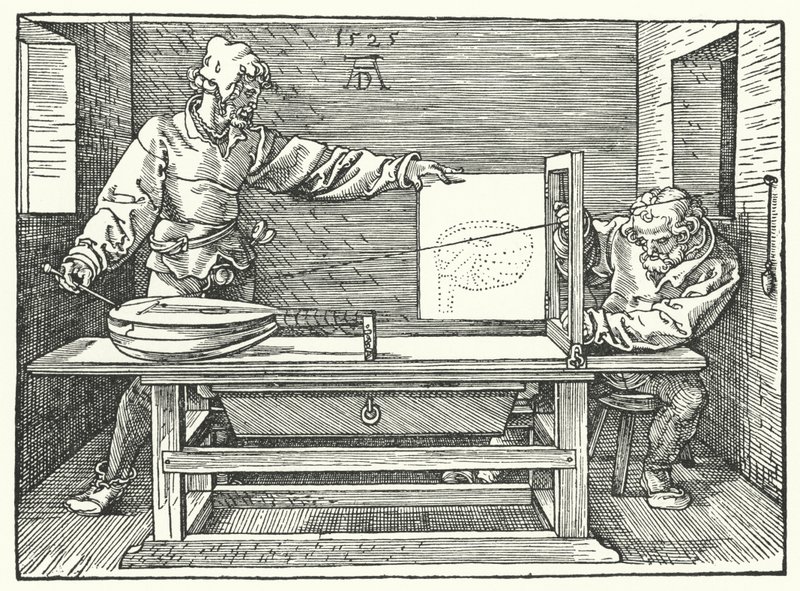 Die Verwendung von Schnüren zur Konstruktion eines perspektivischen Bildes einer Laute von Albrecht (after) Durer or Duerer