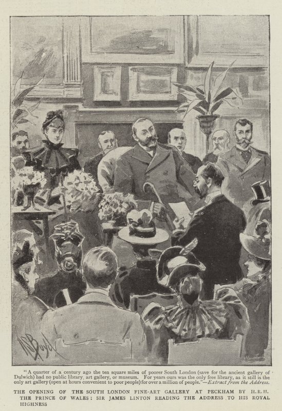 Die Eröffnung der South London Fine-Art Gallery in Peckham durch HRH den Prinzen von Wales, Sir James Linton liest die Ansprache an Seine Königliche Hoheit von Alexander Stuart Boyd