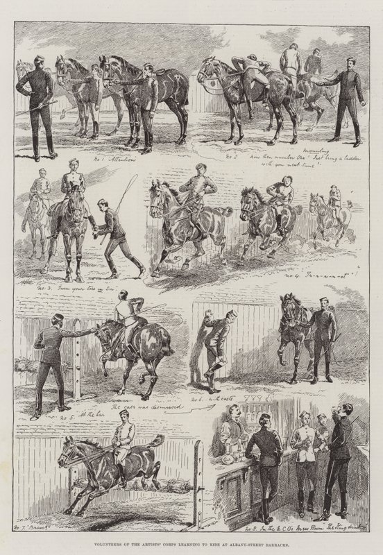 Freiwillige des Künstlerkorps lernen im Albany-Street-Barracks reiten von Alfred Courbould