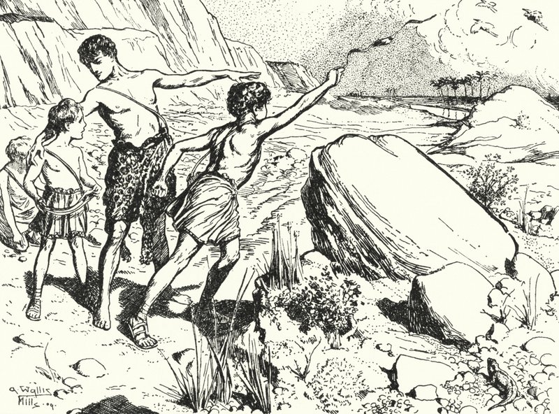 Hannibal und seine Brüder lernen, mit einer Schleuder Steine zu werfen von Alfred Wallis Mills