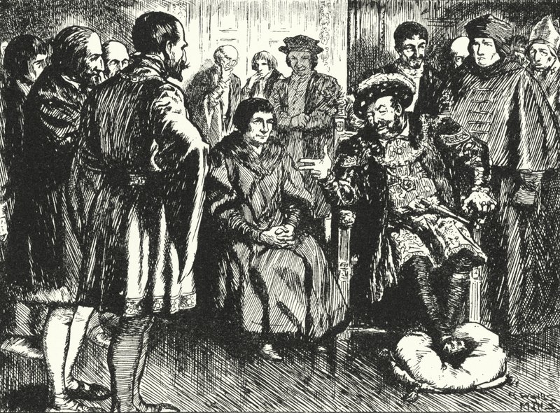 Sir Thomas More am Hof von Heinrich VIII., widersteht den Versuchen des Königs, ihn zu einer amüsanten Bemerkung zu bewegen von Alfred Wallis Mills