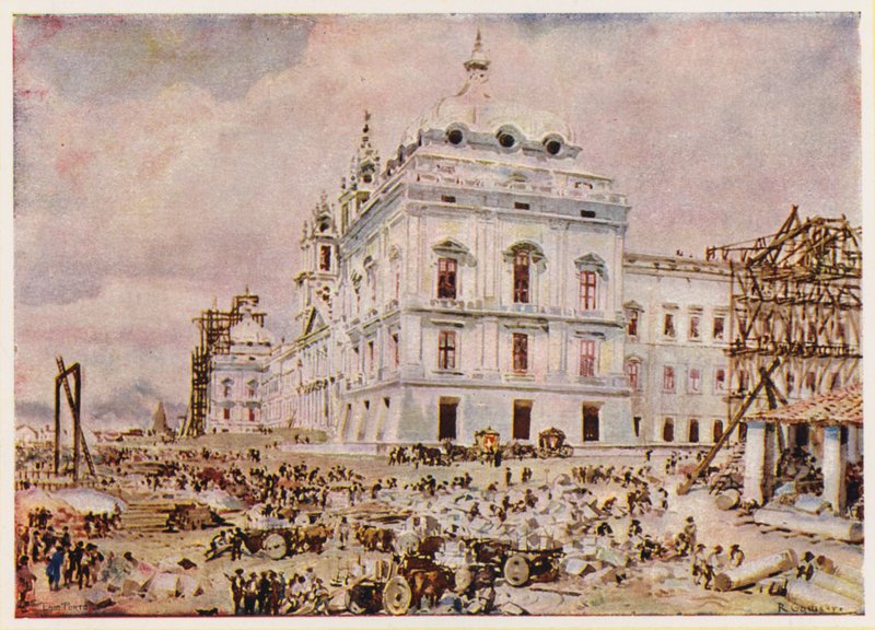 Bau des Palast-Klosters von Mafra, Portugal (Farblithografie) von Alfredo Roque Gameiro