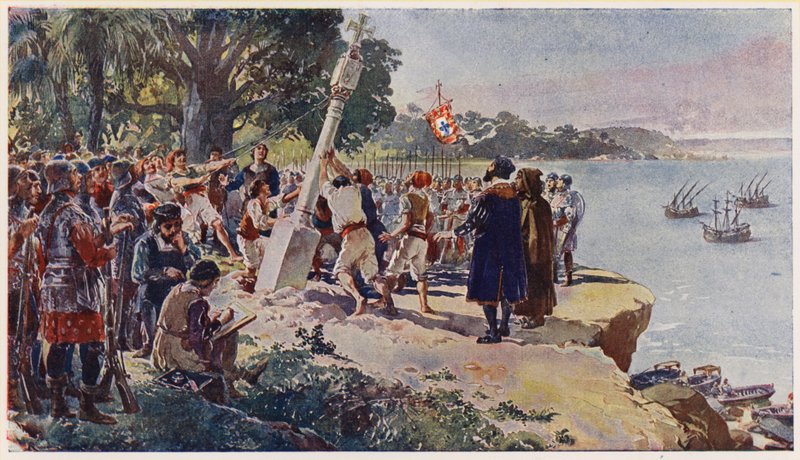 Portugiesen errichten eine Steinsäule an der Mündung des Kongo von Alfredo Roque Gameiro
