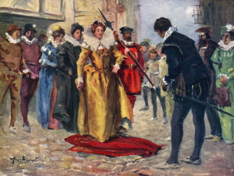 Raleigh zog seinen bunten Mantel aus und legte ihn über den schlammigen Fleck von Allan (after) Stewart