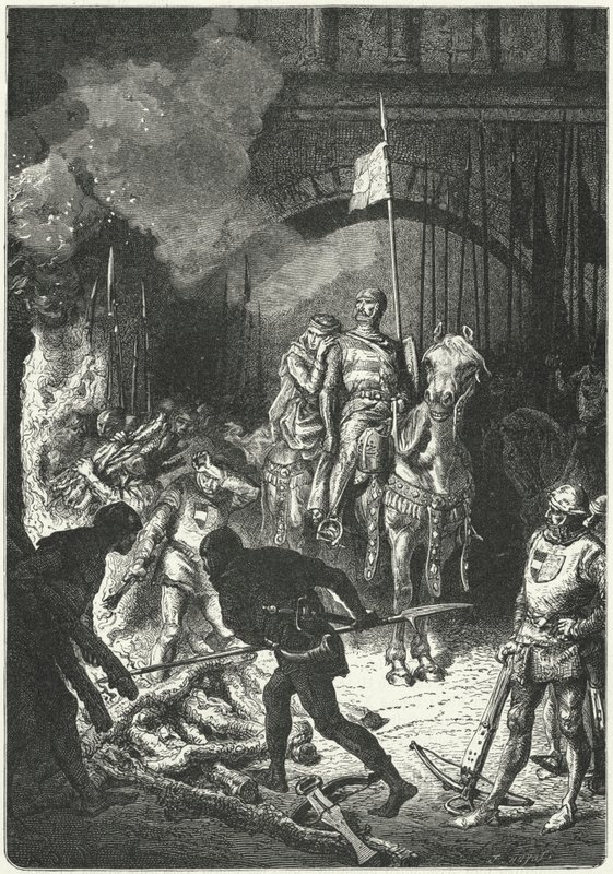 El Cid, begleitet von seiner Frau Dona Jimena, überwacht den Bau des Scheiterhaufens von Ahmed, maurischer König von Valencia von Alphonse Marie de (after) Neuville