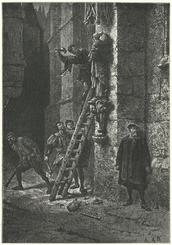 Protestanten zerstören eine Statue der Jungfrau und des Kindes auf Notre Dame, Paris von Alphonse Marie de (after) Neuville