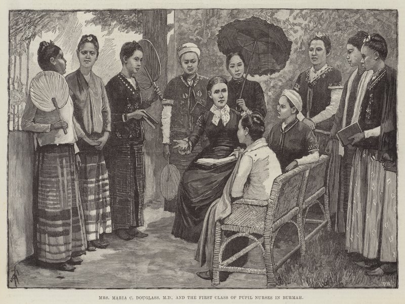 Frau Maria C. Douglass, MD, und die erste Klasse von Pflegeschülerinnen in Burma von Amedee Forestier