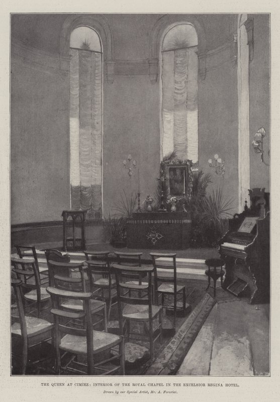 Die Königin in Cimiez, Innenraum der königlichen Kapelle im Excelsior Regina Hotel von Amedee Forestier