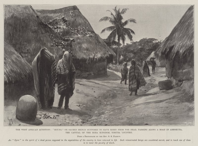 Die westafrikanische Frage, Eguns oder heilige Wesen, die angeblich von den Toten auferstanden sind, auf einer Straße in Abeokuta, der Hauptstadt des Egba-Königreichs, Yoruba-Land von Amedee Forestier