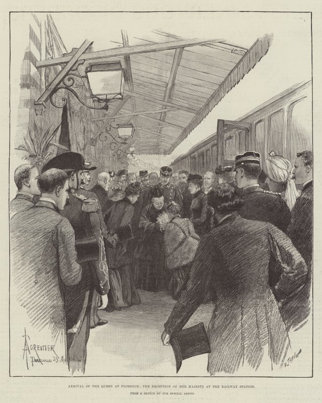 Ankunft der Königin in Florenz, Empfang Ihrer Majestät am Bahnhof von Amedee Forestier