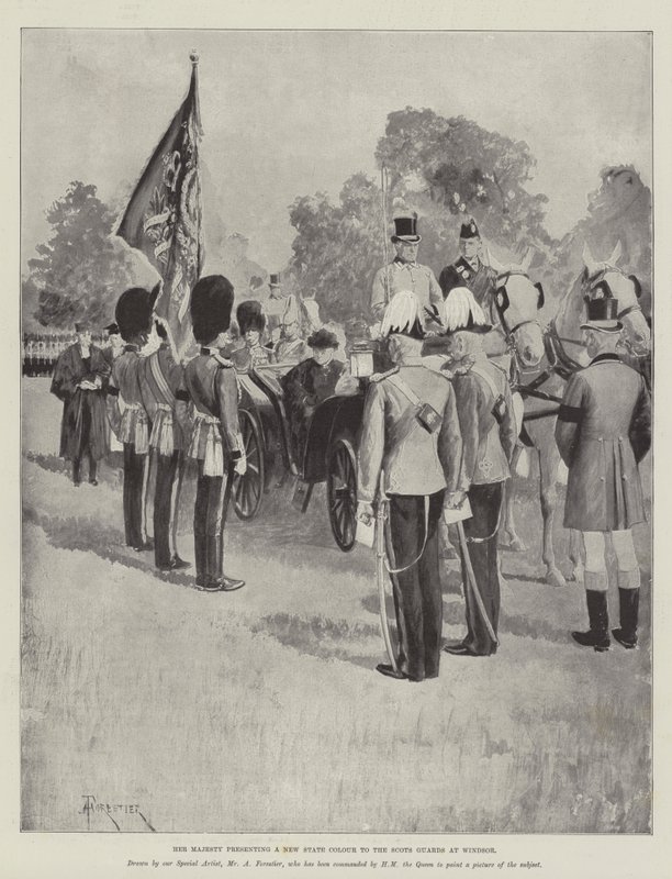 Ihre Majestät überreicht eine neue Staatsflagge an die Scots Guards in Windsor von Amedee Forestier