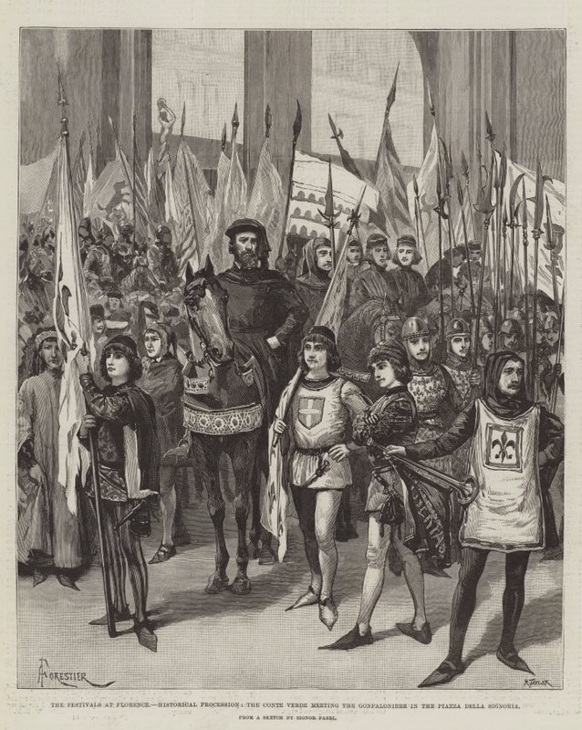 Die Feste in Florenz, Historische Prozession, der Conte Verde trifft den Gonfaloniere auf der Piazza della Signoria von Amedee Forestier