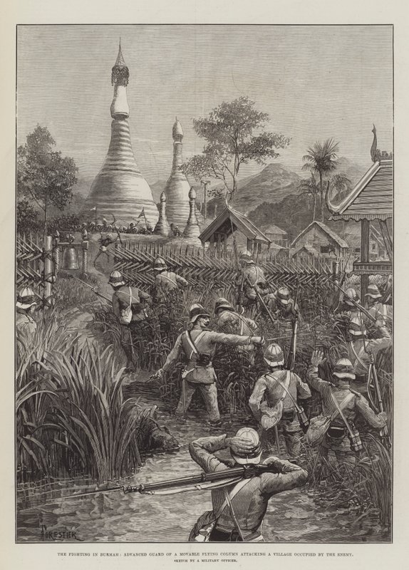 Die Kämpfe in Burma, Vorhut einer beweglichen Fliegenden Kolonne greift ein von Feinden besetztes Dorf an von Amedee Forestier