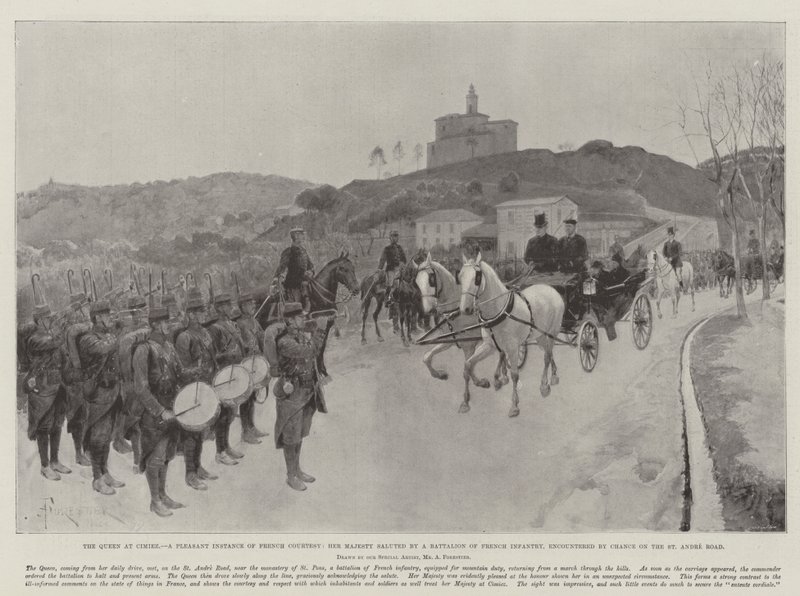Die Königin in Cimiez, ein angenehmes Beispiel französischer Höflichkeit, Ihre Majestät wird von einem Bataillon französischer Infanterie gegrüßt, das zufällig auf der St Andre Road getroffen wurde von Amedee Forestier