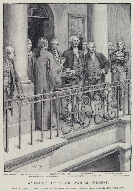 George Washington legt den Amtseid als Präsident ab, 30. April 1789 (Litho) von American School