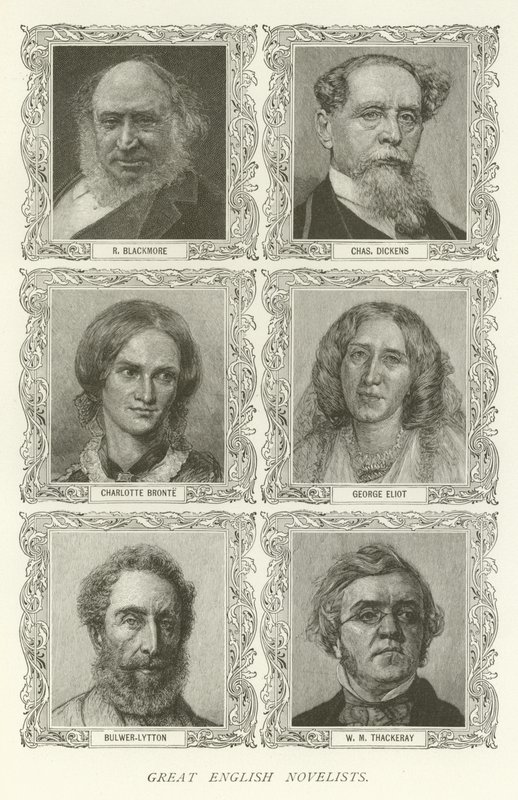 Große englische Romanautoren, R. Blackmore, Charles Dickens, Charlotte Bronte, George Eliot, Bulwer-Lytton, W. M. Thackeray von American School