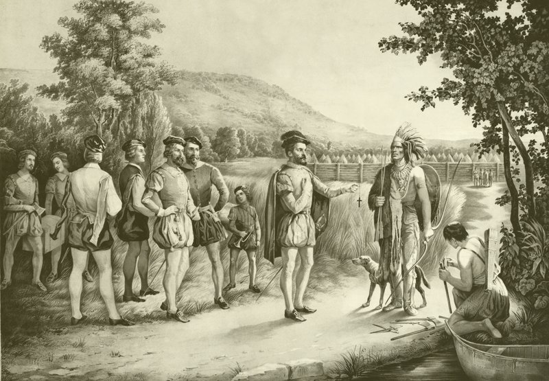 Jacques Cartier, sein erstes Treffen mit den Indianern in Hochelaga, dem heutigen Montreal, 1535, ca. 1850 von American School
