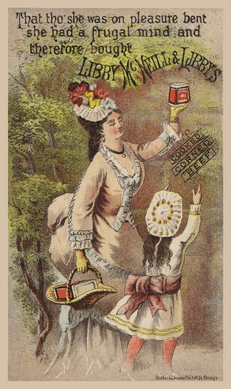 Dame und Mädchen werben für Corned Beef von American School