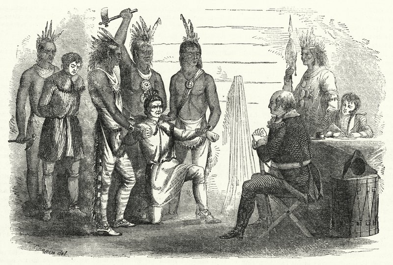 Leutnant Boyd vor Colonel Butler, ein Vorfall von wilder Nachsicht und zivilisierter Rachsucht (Stich) von American School