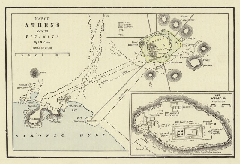Karte von Athen und seiner Umgebung; Die Akropolis von American School