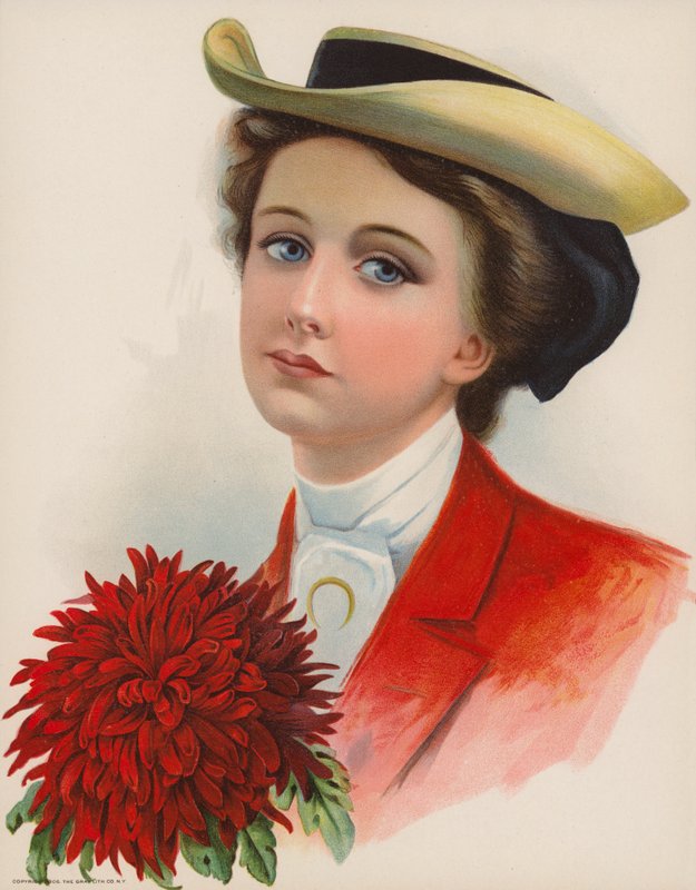 Hübsche junge Frau mit Hut und einer großen roten Chrysantheme von American School
