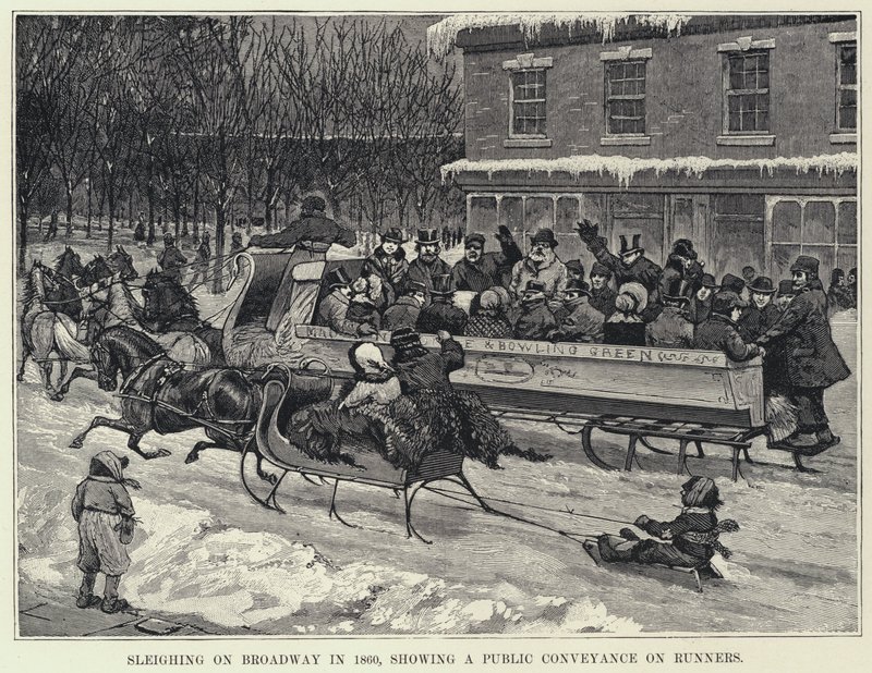 Schlittenfahren auf dem Broadway im Jahr 1860, ein öffentliches Verkehrsmittel auf Kufen zeigend von American School