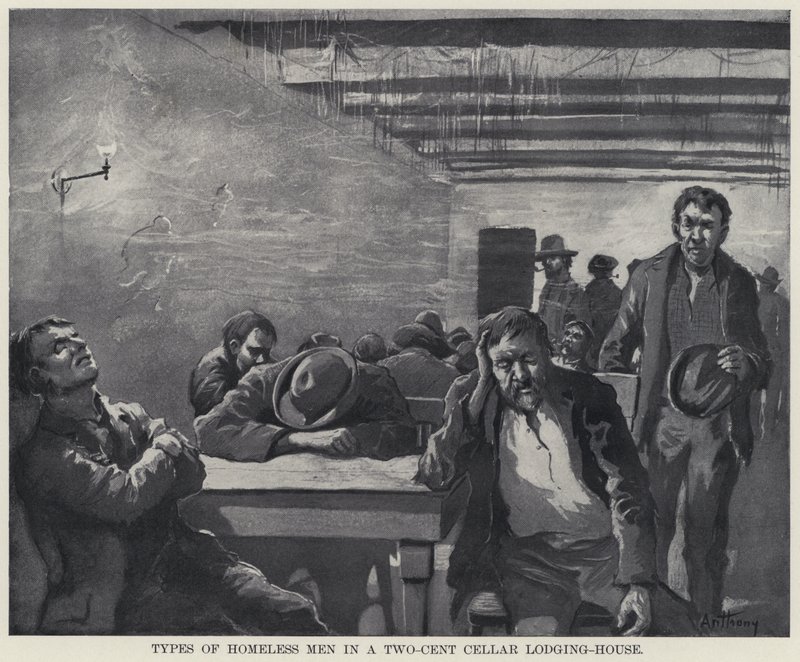Typen obdachloser Männer in einem Zwei-Cent-Kellerquartier von American School