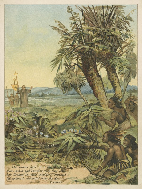 Eingeborene der Neuen Welt beobachten die neu angekommenen Spanier (Chromolitho) von Andrew Melrose