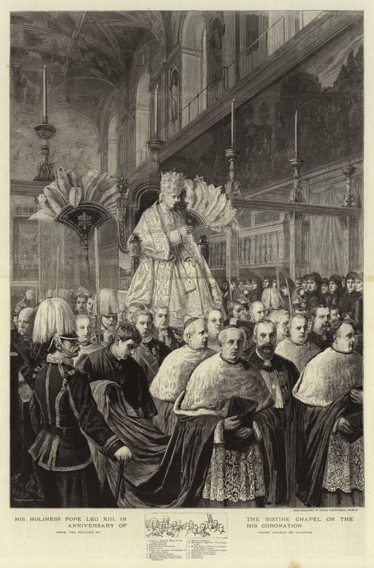 Seine Heiligkeit Papst Leo XIII. in der Sixtinischen Kapelle am Jahrestag seiner Krönung, Gravur von Angelo Courten