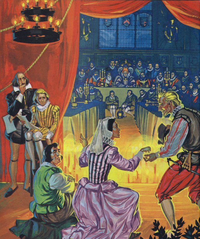Aufführung von Was ihr wollt vor Königin Elizabeth I., mit Shakespeare, der hinter dem Vorhang lauscht von Angus McBride