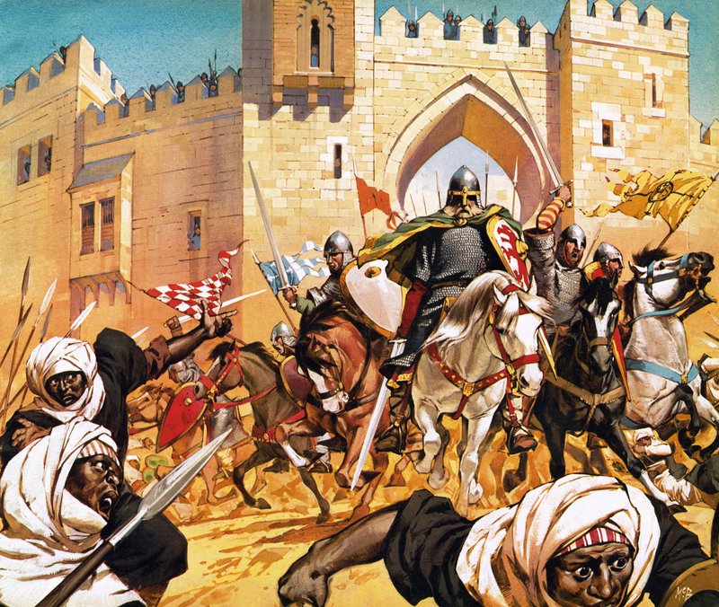 Der tote Körper von El Cid auf ein Pferd geschnallt, lässt die Mauren fliehen von Angus McBride