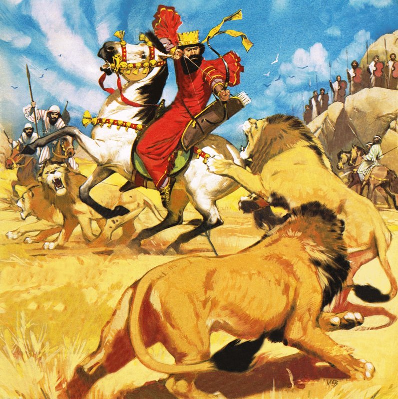 König Darius von Persien jagt Löwen von Angus McBride