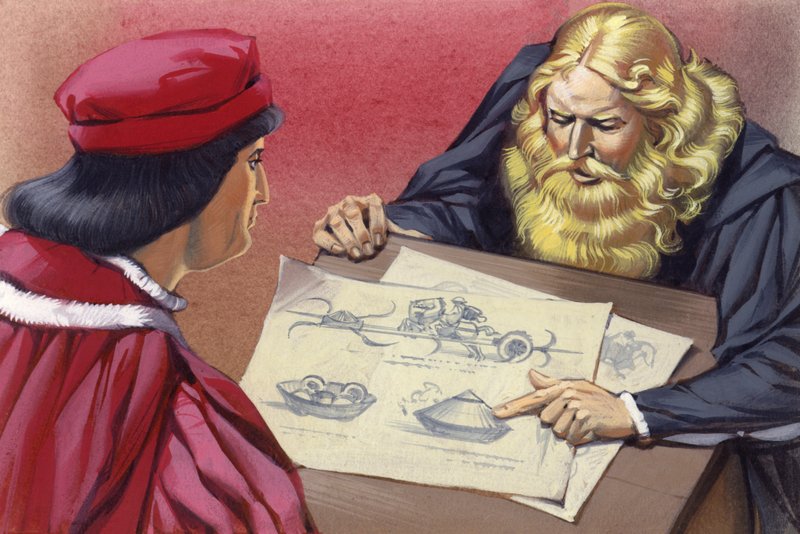 Leonardo Da Vinci erklärt Ludovico Sforza mögliche Kriegsmaschinen von Angus McBride