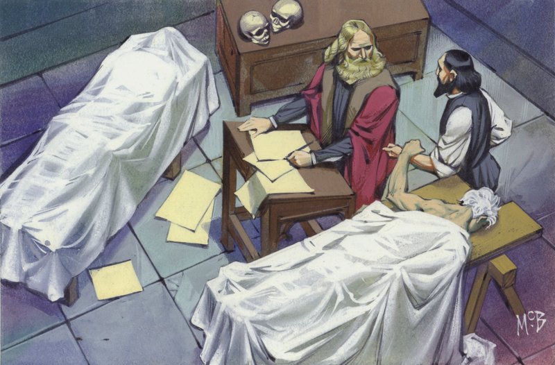 Leonardo Da Vinci untersucht die menschliche Anatomie, indem er die Leichen von Männern verwendet, die im Krankenhaus gestorben sind von Angus McBride