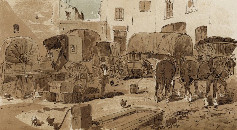 Königliche niederländische Postkutsche, Cabriolet, Weinfasswagen und Kohlenwagen, 19. Jahrhundert von Armand Jean Heins