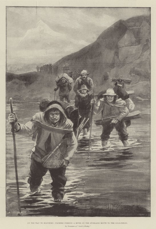 Auf dem Weg nach Klondike, Träger durchqueren einen Fluss auf der Überlandroute zu den Goldfeldern von Arthur David McCormick