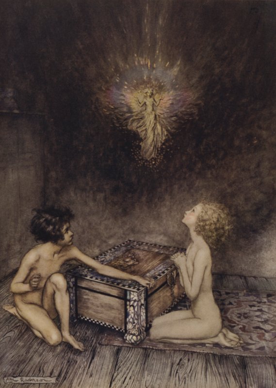 Pandora und Epimetheus, Szene aus A Wonder Book von Nathaniel Hawthorne von Arthur (after) Rackham