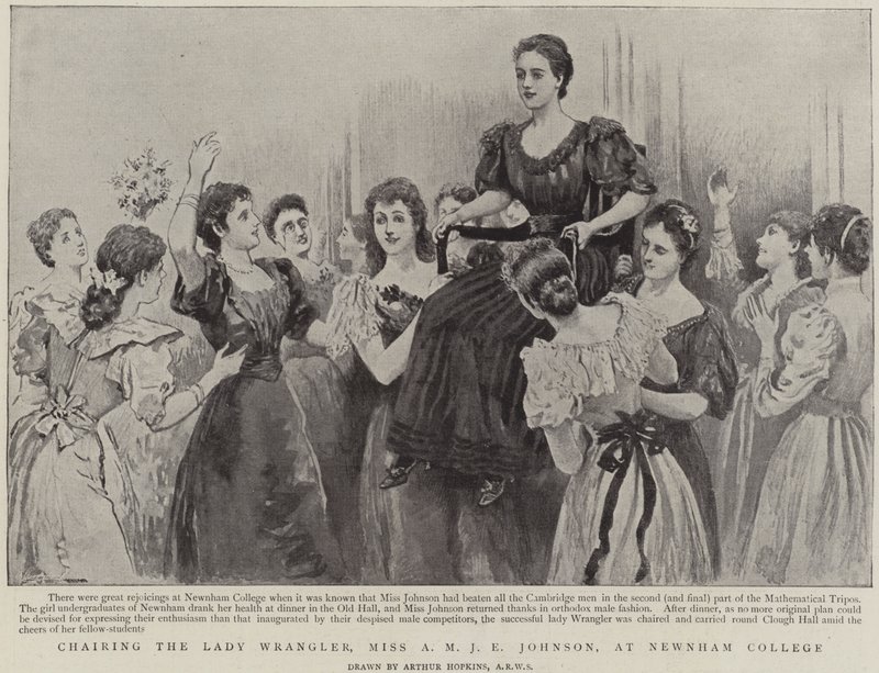 Die Lady Wrangler, Miss A M J E Johnson, in Newnham College, Cambridge, wird auf den Schultern getragen von Arthur Hopkins