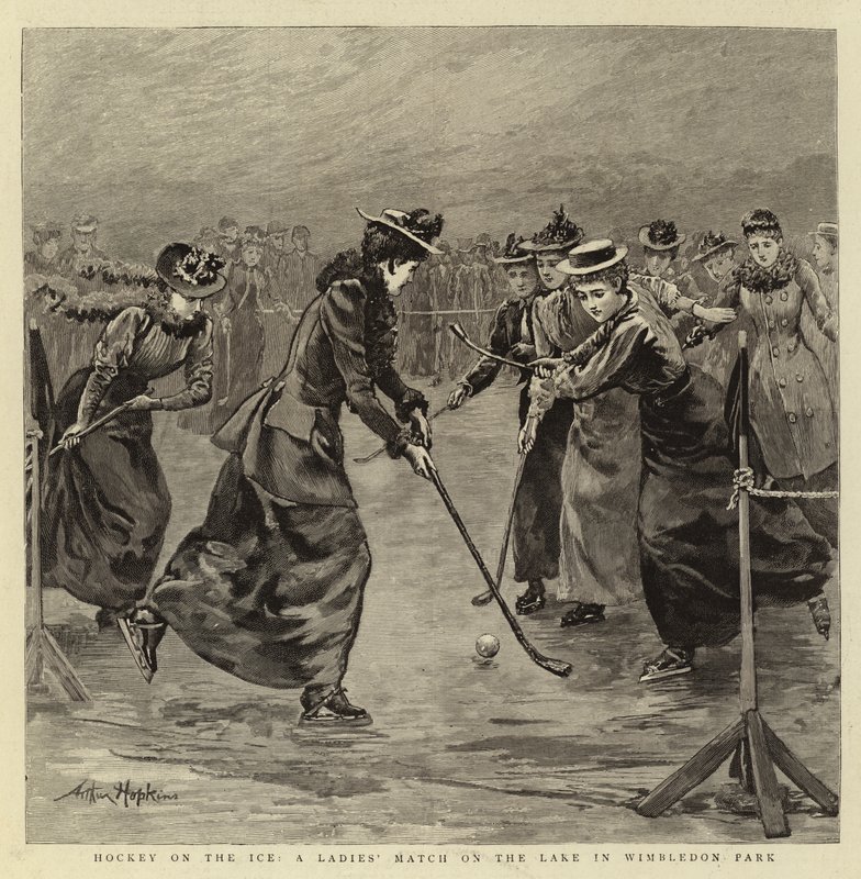 Hockey auf dem Eis, ein Damenmatch auf dem See im Wimbledon Park von Arthur Hopkins