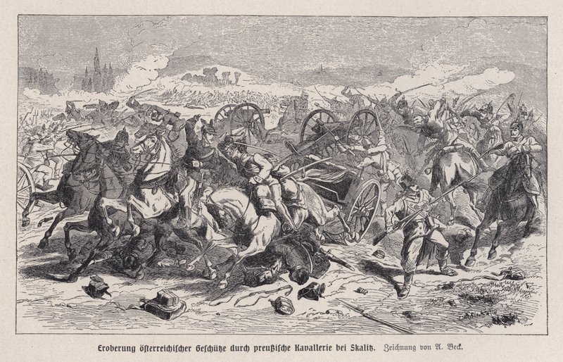 Österreichische Kanonen, erbeutet von der preußischen Kavallerie in der Schlacht bei Skalitz, Böhmen, Preußisch-Österreichischer Krieg von Augustus J. Beck