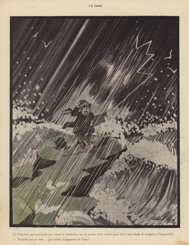 Ein Versehen: ein Aquarellkünstler richtet sich auf einem Felsen ein, um einen Sturm zu malen, und beklagt, dass er vergessen hat, Wasser mitzubringen von Benjamin Rabier
