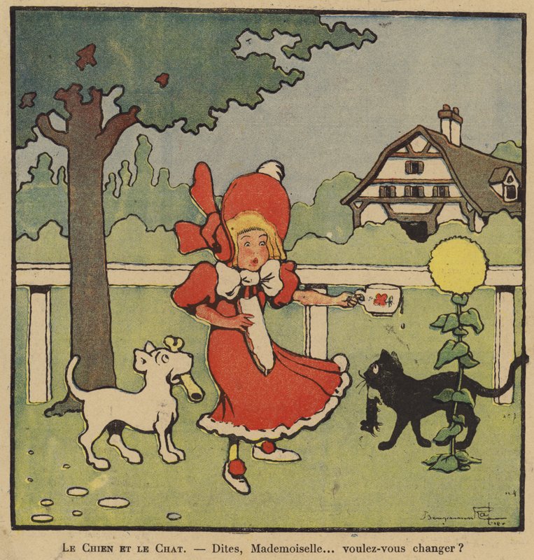 Karikatur eines Mädchens zwischen ihrem Hund mit einem Knochen und ihrer Katze mit einer Maus von Benjamin Rabier